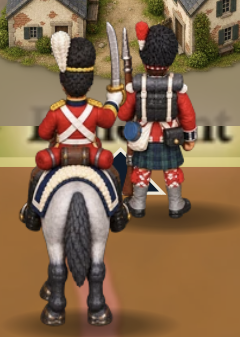 A British dragoon and a Highlander seen from behind on the battlefield