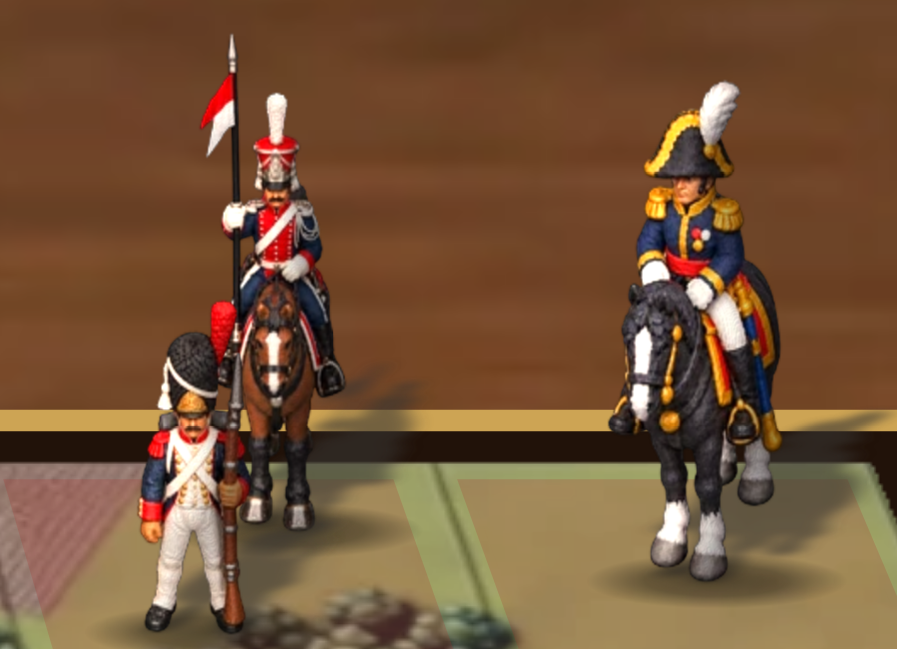 A French guard grenadier, an elite company officer and a general standing on the battlefield