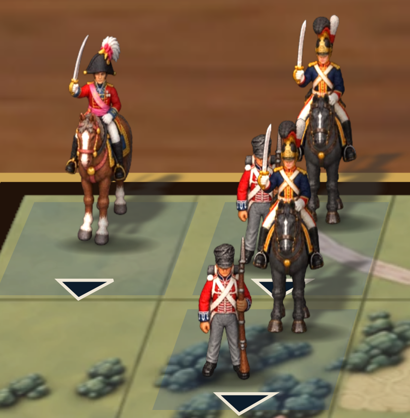 A British officer on horseback with infantry and heavy cavalry advancing across the grid