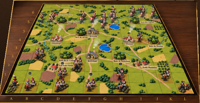 The whole battlefield from one end: roads, farms, woods and both armies deployed across the twelve-by-twelve grid